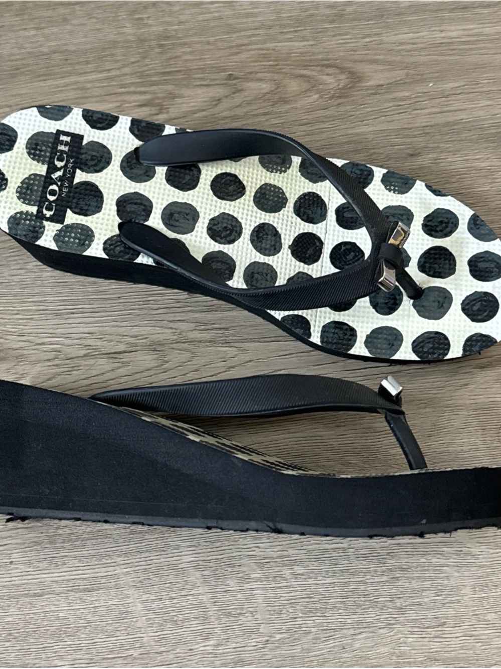 Coach Black and White Polka Dot Wedge Flip Flops